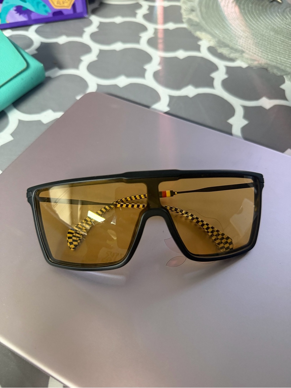 Tommy Hilfiger Black Frame Amber Lens Sunglasses with Checkerboard Temples